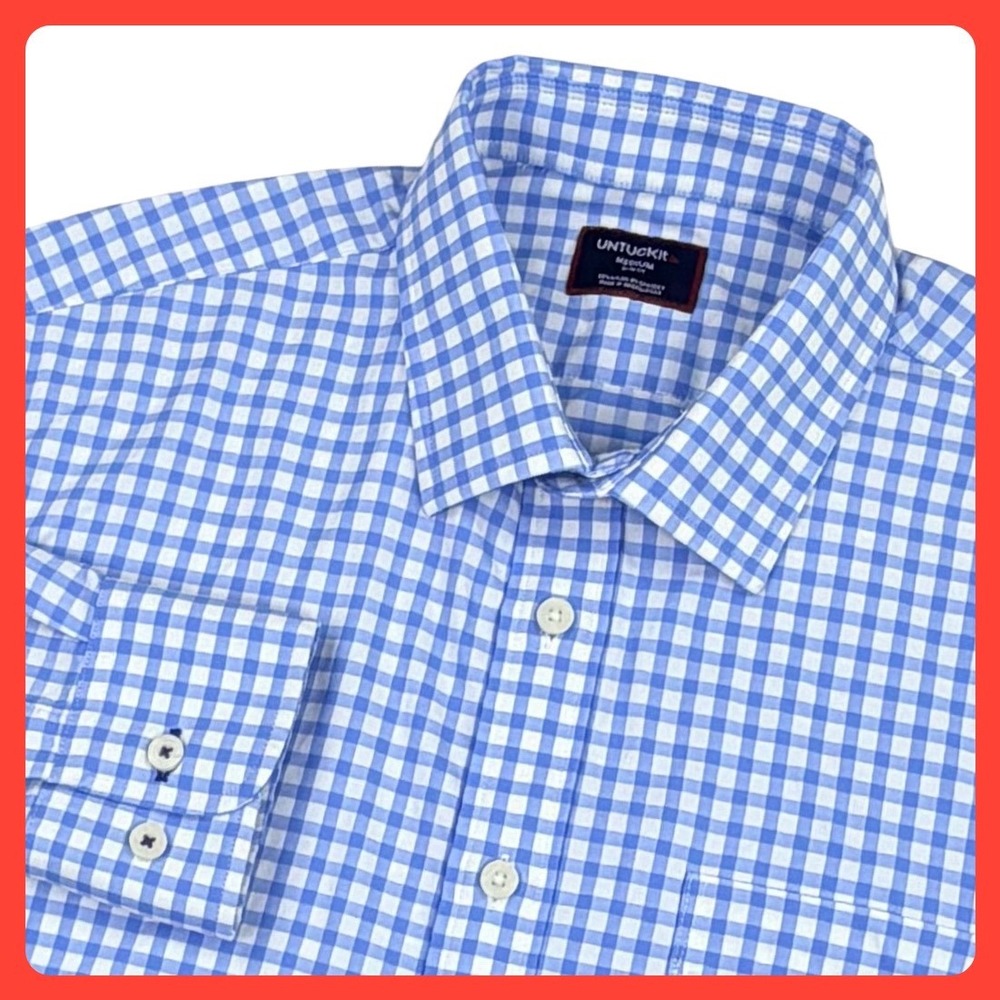 UNTUCKit Stevens Slim Fit Men Medium Blue Gingham Nylon Spandex Button Up Shirt